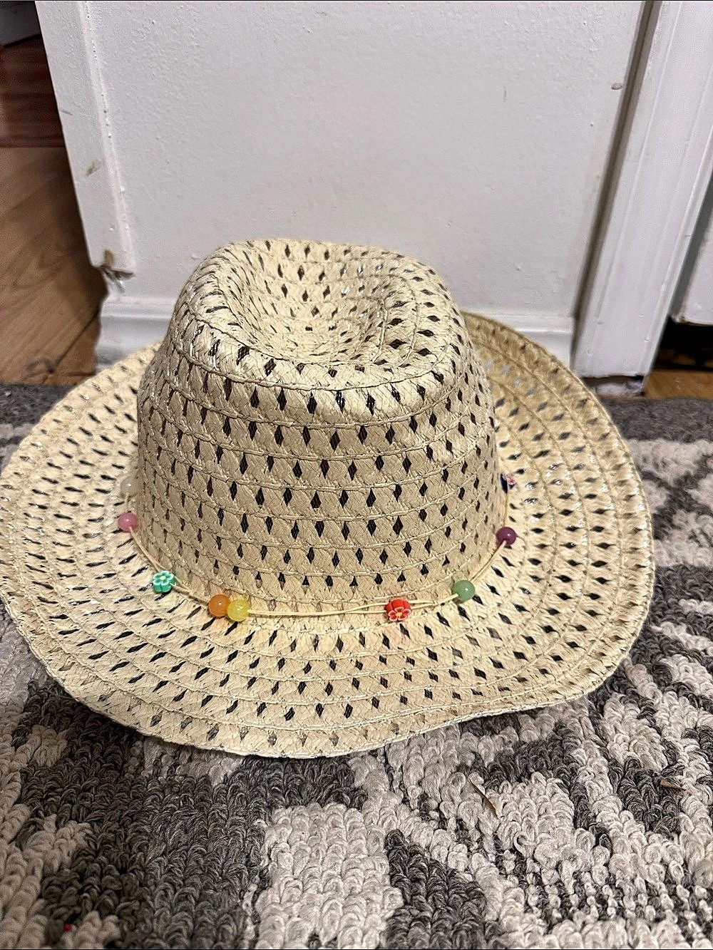 Woven Straw Sun Hat with Beaded Band - Tan